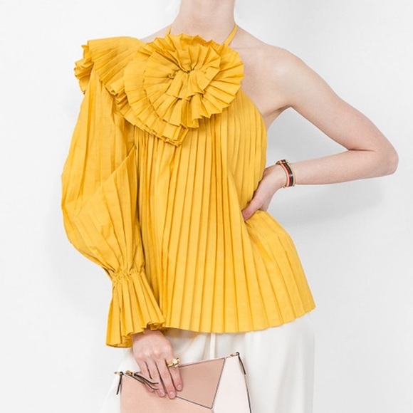 ROSIE ASSOLIN PLEATED ONE SHOULDER ESCARGOT TOP ASYMMETRICAL 2 - Picture 1 of 8